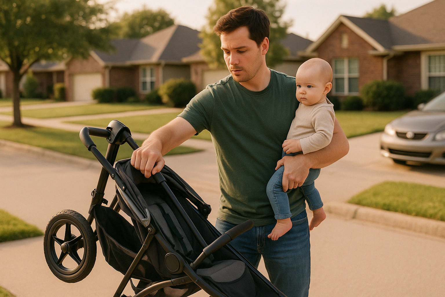parent folding lightweight jogging stroller with one hand while holding baby - lightweight easy fold jogging stroller
