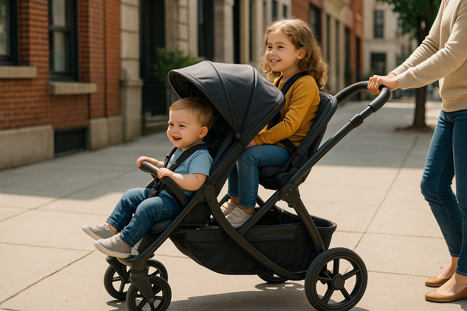 tandem stroller with two children seated one behind the other - tandem vs side by side