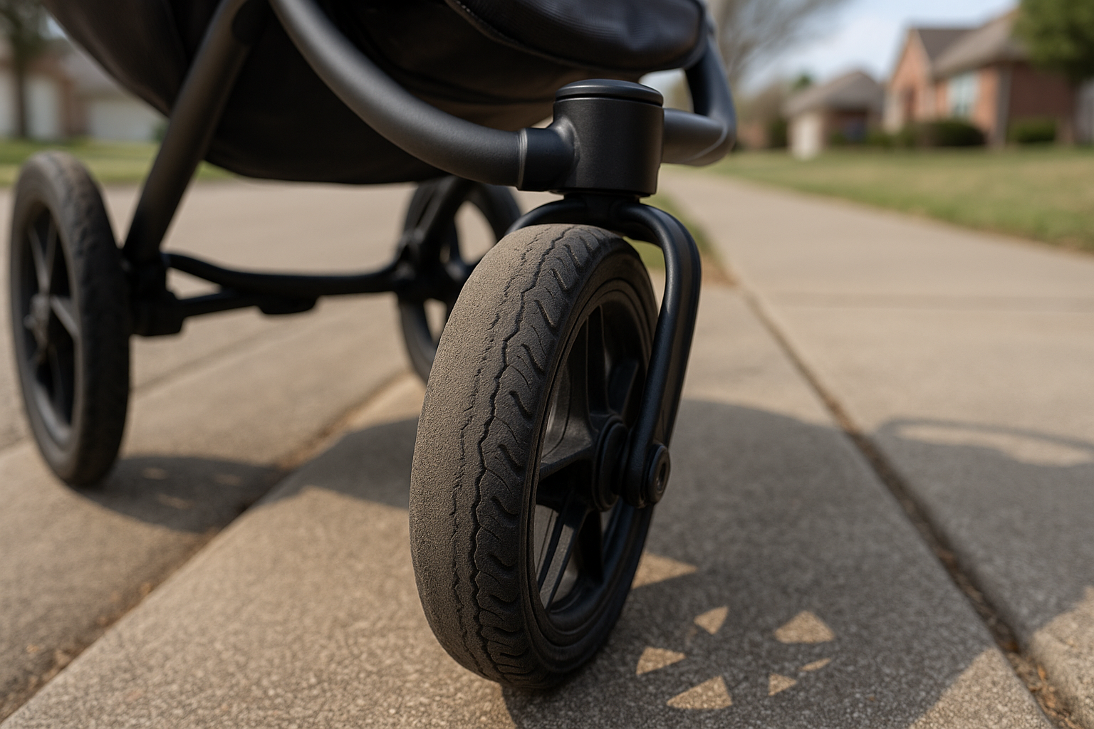 Misaligned jogging stroller wheel showing uneven wear pattern - jogging stroller wheel alignment