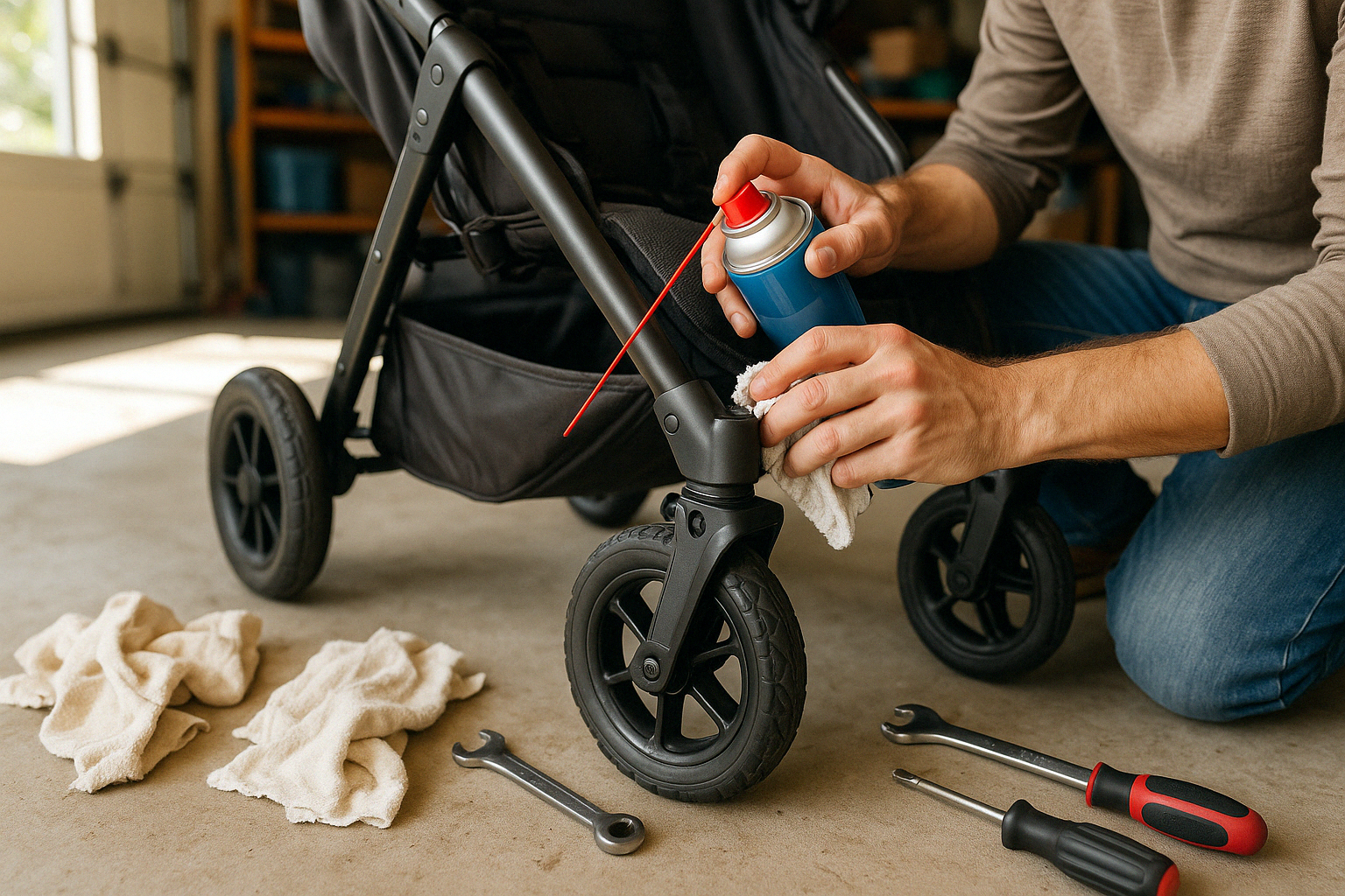Parent performing stroller maintenance - best durable stroller