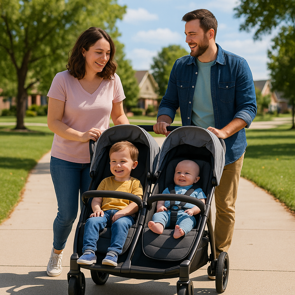 happy family with double stroller - double stroller features