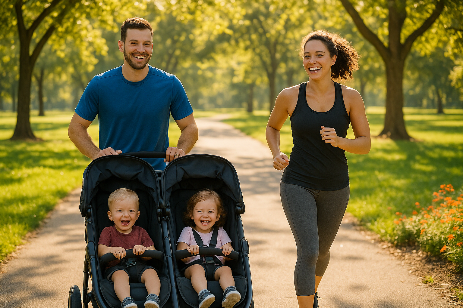 family enjoying a jog with their double stroller - double jogging stroller for toddlers