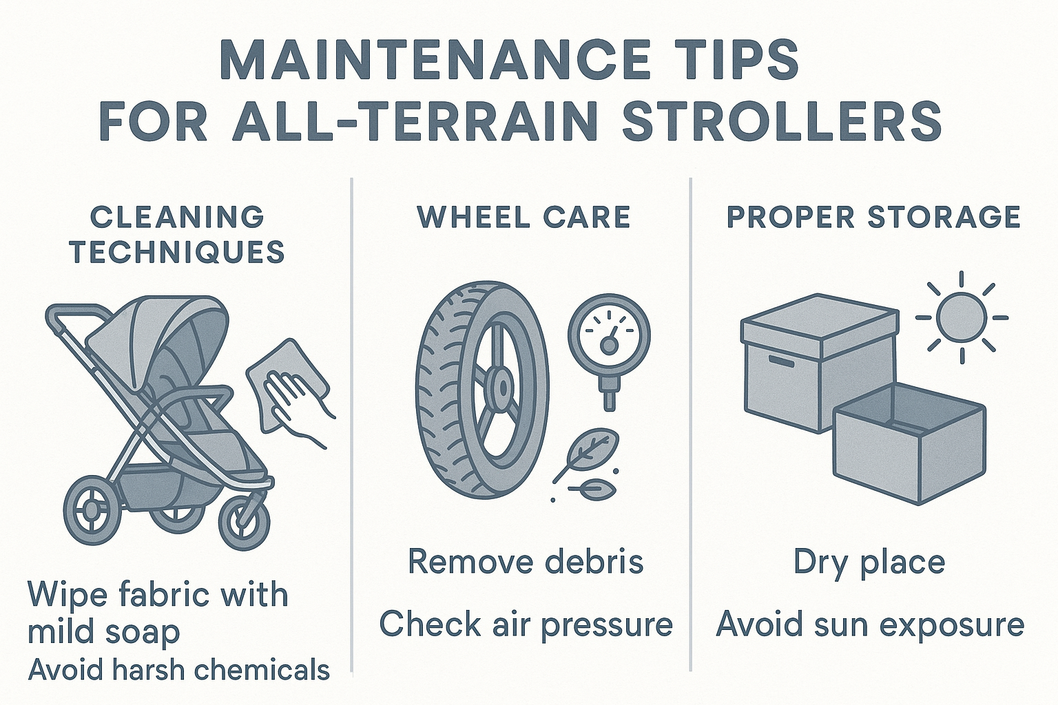 Maintenance tips for all-terrain strollers showing cleaning techniques, wheel care, and proper storage methods to extend stroller life - all terrain stroller for newborn infographic 