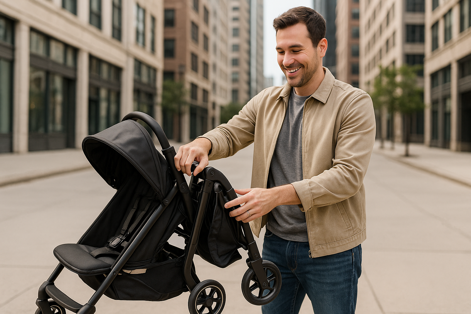 Parent demonstrating one-hand fold of a lightweight stroller - stroller lightweight compact