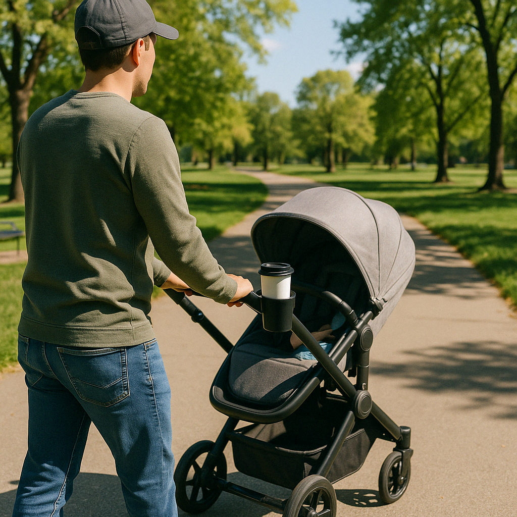 parent using stroller with cup holder - Strollers with cup holders