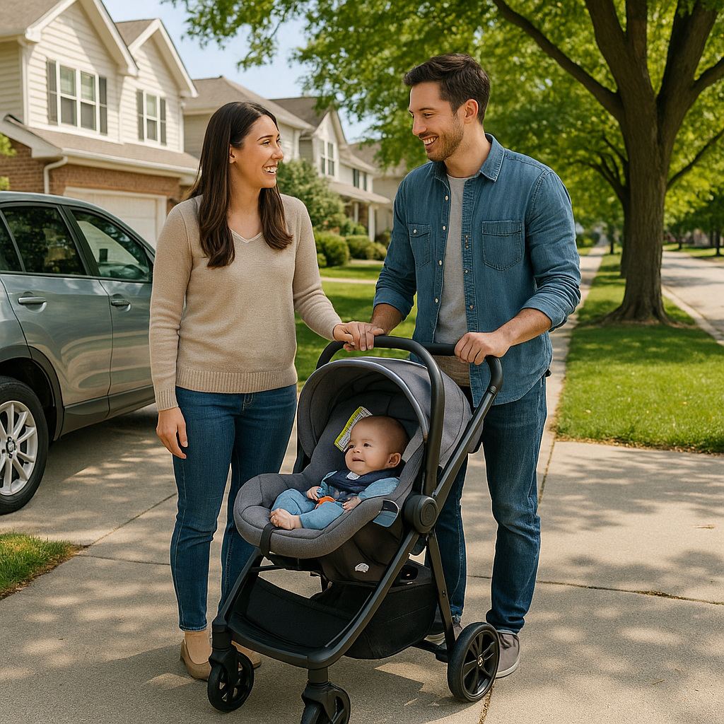 parents using infant car seat and stroller travel system in everyday life - infant car seats and stroller