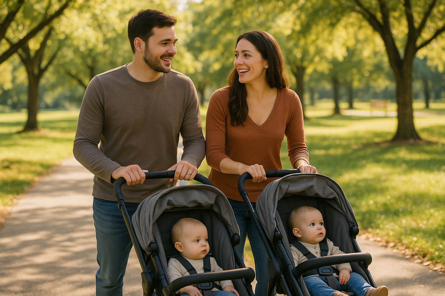 parents using tandem stroller with twins in park setting - tandem double strollers for twins