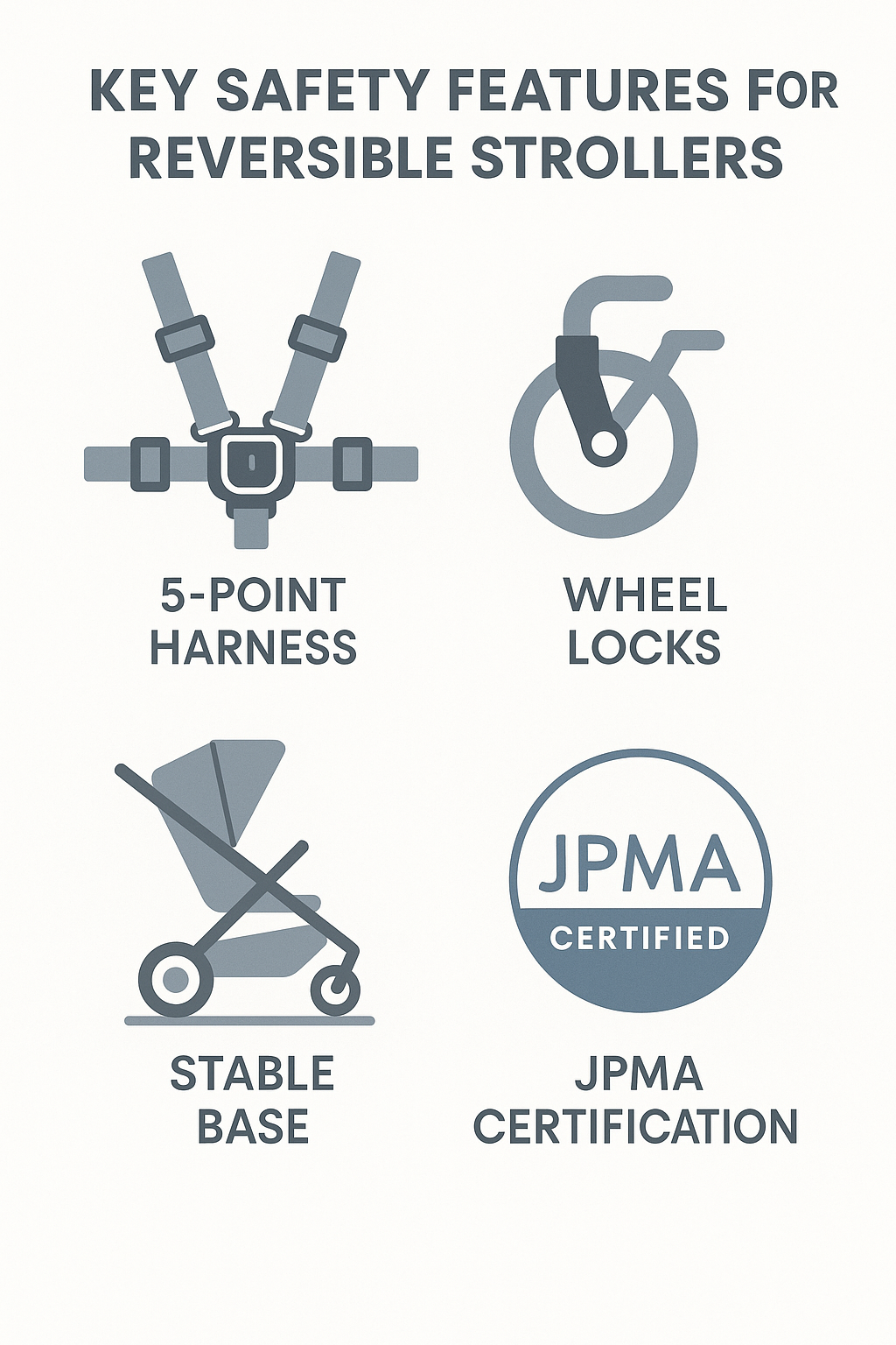 Infographic showing key safety features to look for in reversible strollers: 5-point harness, wheel locks, stable base, and JPMA certification - reversible stroller infographic 