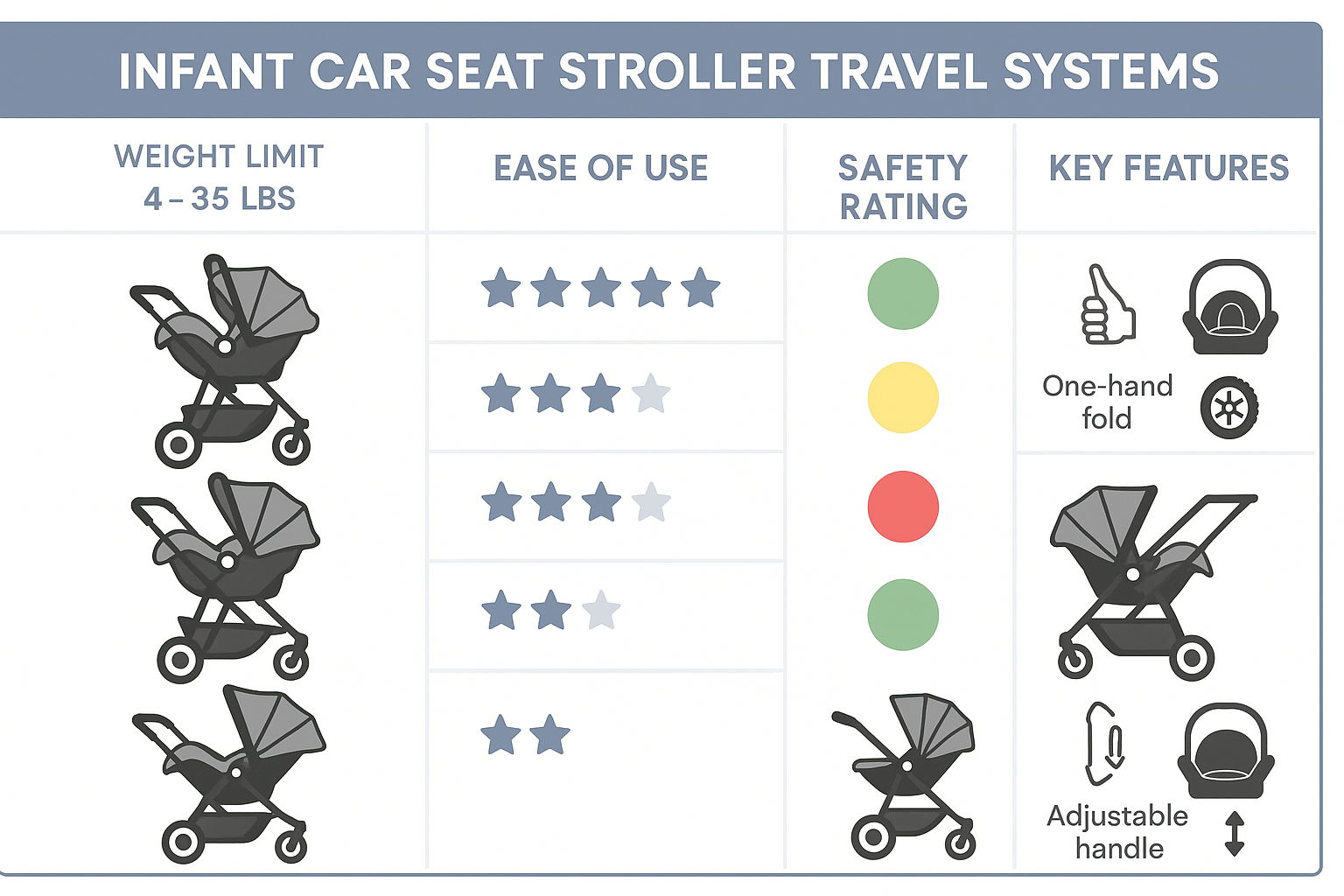 Comparison of different infant car seat stroller travel systems showing weight limits, ease of use ratings, and key features arranged in a detailed chart with color-coded safety ratings - infant car seat strollers infographic 