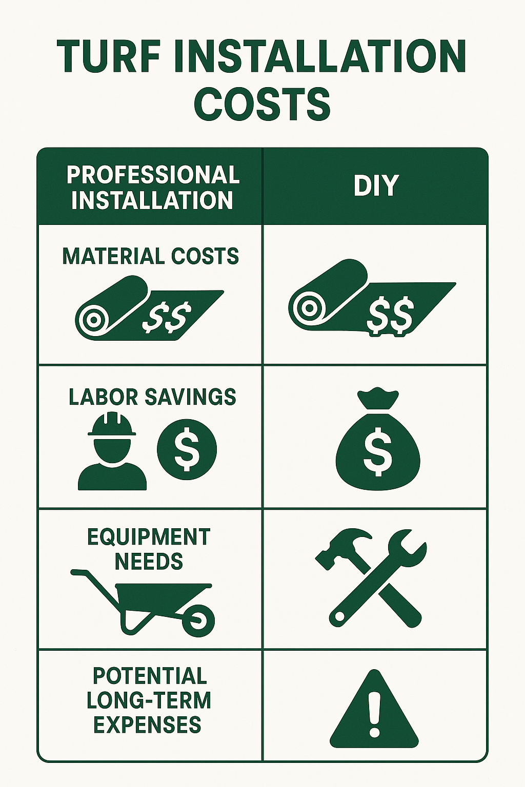 Professional installation vs. DIY cost comparison showing material costs, labor savings, equipment needs, and potential long-term expenses from installation errors - Turf installation cost infographic 