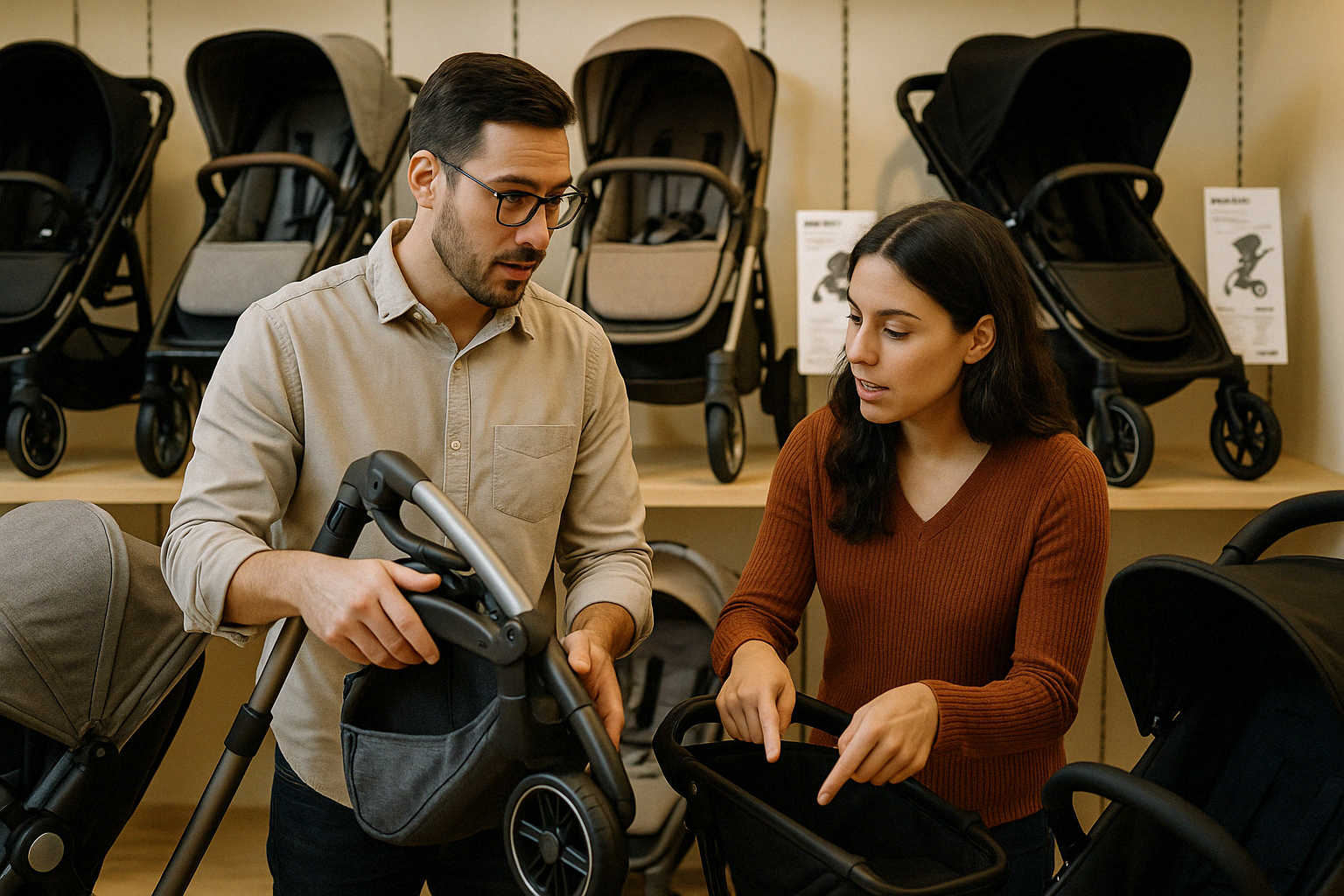 parents comparing stroller features in store - Best stroller and car seat combo