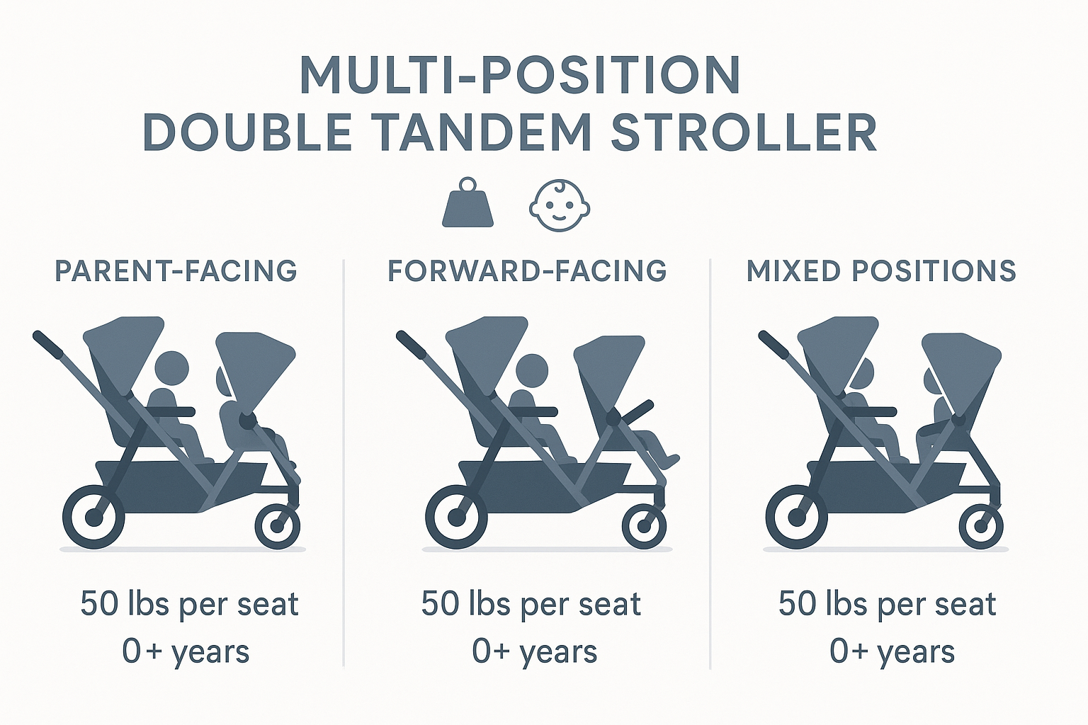 Comparison of multi position double tandem strollers showing different seating configurations including parent-facing, forward-facing, and mixed positions with weight limits and age recommendations for each configuration - multi position double tandem strollers infographic 