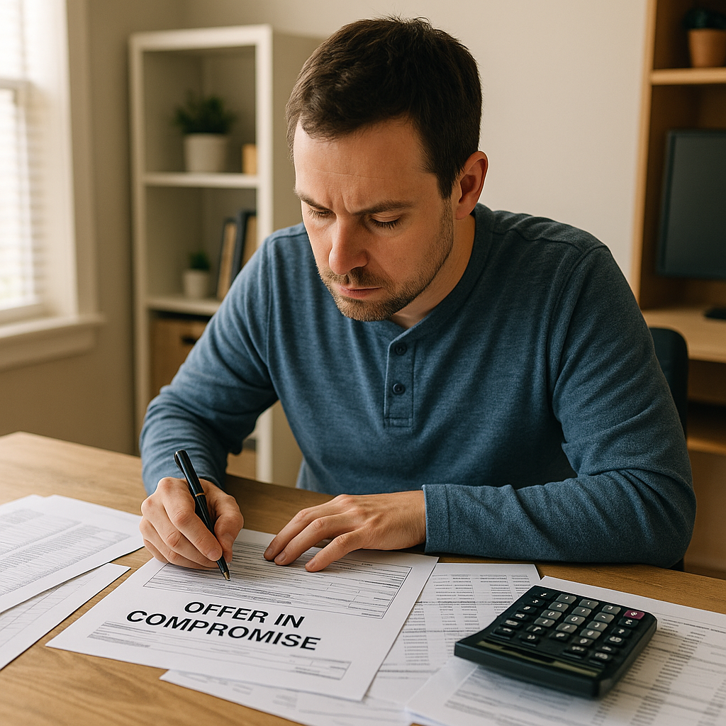 Tax Relief Titans: Who's Leading the Charge in Debt Solutions? Discover the best tax debt relief options for Californians. Learn strategies to reduce your burden and choose the right solution today! Taxpayer reviewing Offer in Compromise application forms - best tax debt relief