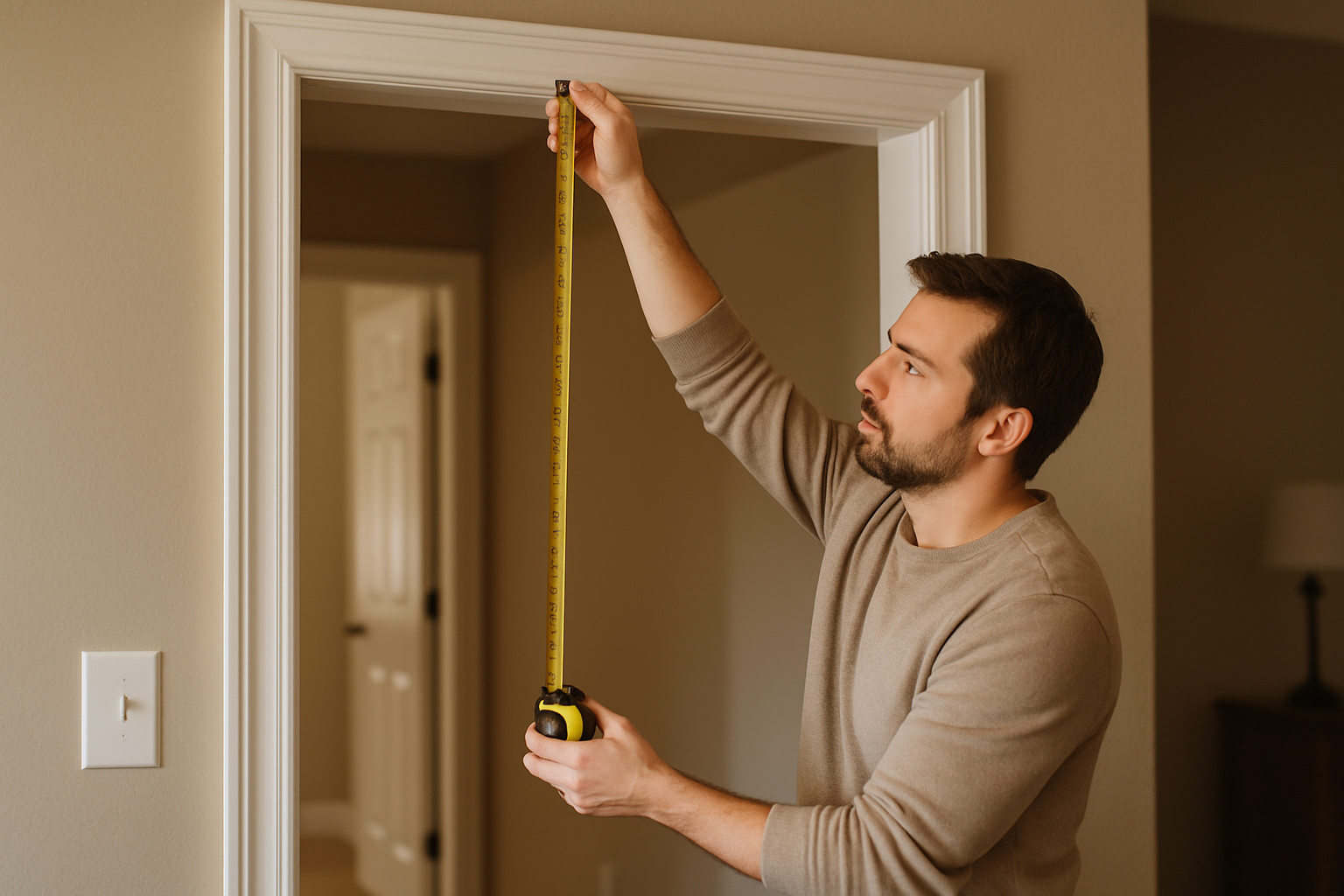 parent measuring a doorway with tape measure - side by side stroller fits through doorways