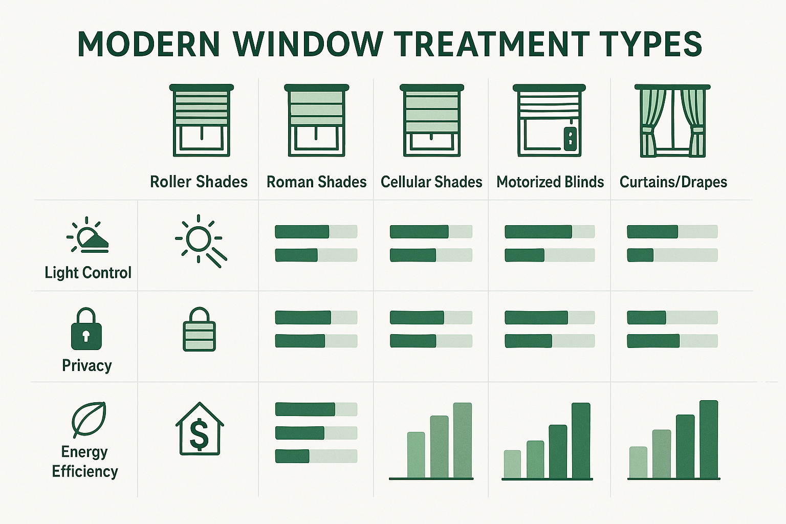 Comparison of modern window treatment types showing light control, privacy, energy efficiency, and cost metrics for different options including roller shades, roman shades, cellular shades, motorized blinds, and curtains/drapes - Modern window treatments infographic 
