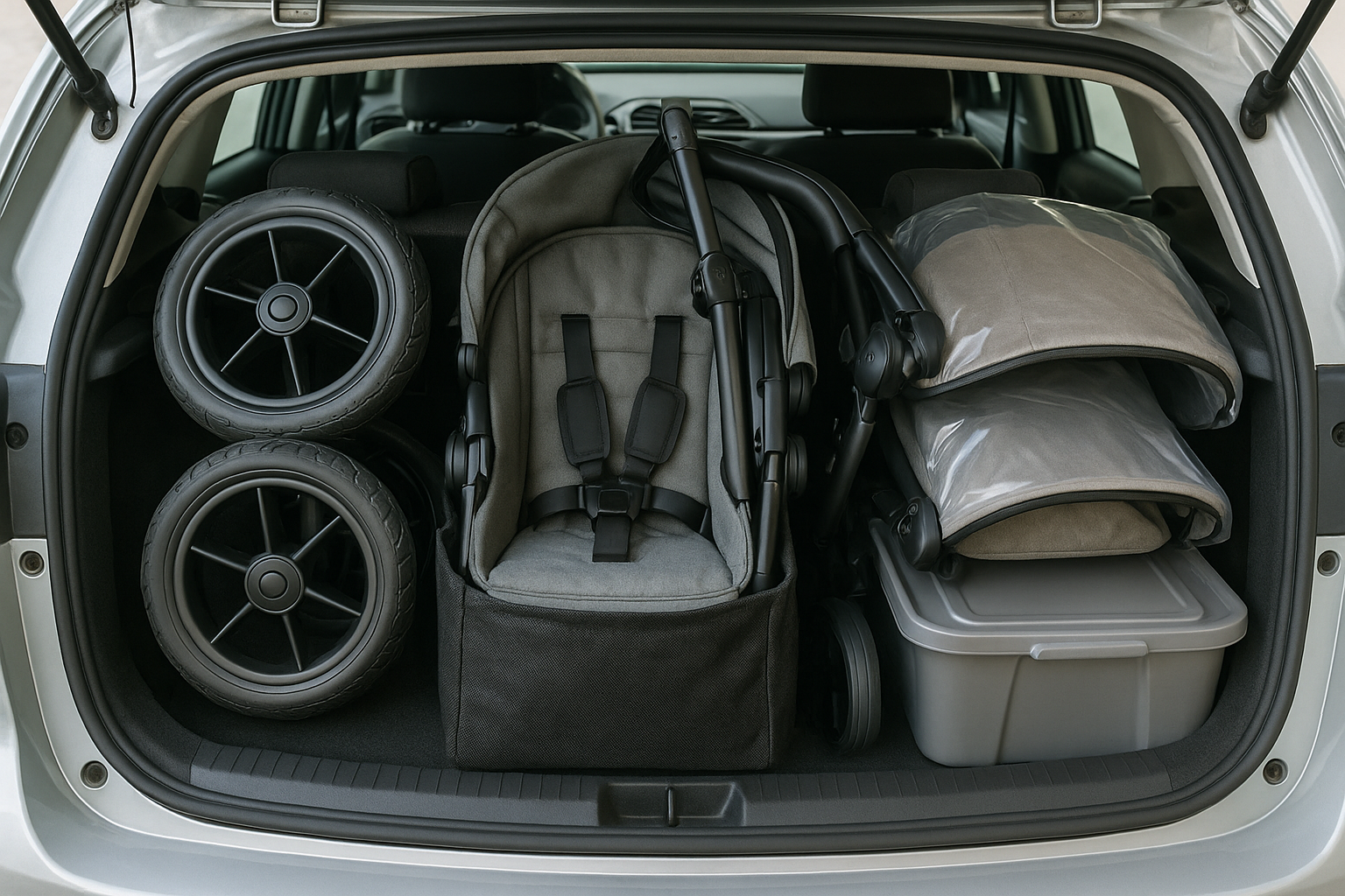 stroller components being stored efficiently in a small car trunk - double stroller fit in small car