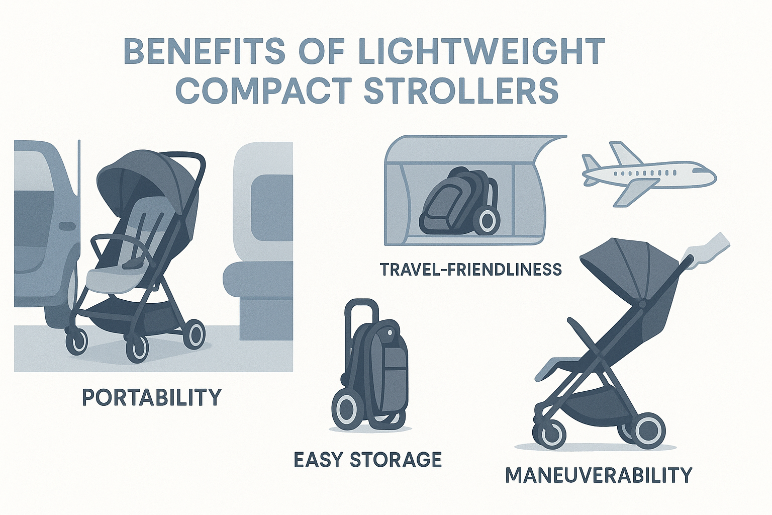 Benefits of lightweight compact strollers showing portability, travel-friendliness, easy storage, and maneuverability features - stroller lightweight compact infographic 