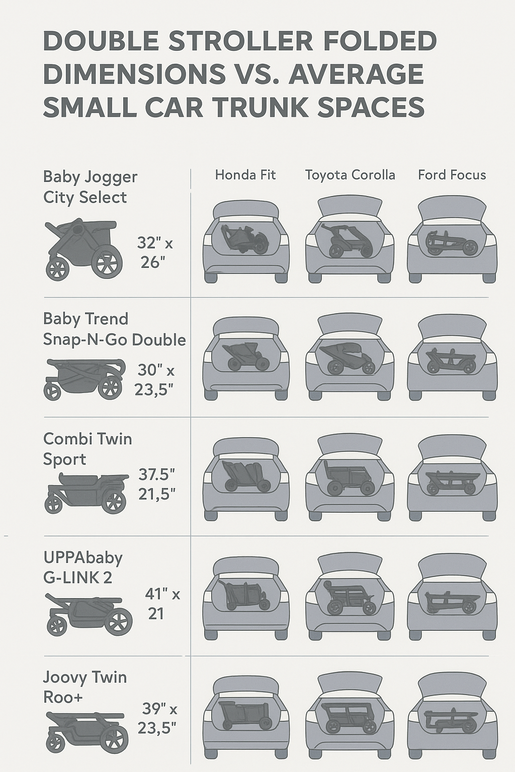 Comparison of double stroller folded dimensions with average small car trunk space, showing which models fit in popular compact cars like Honda Fit, Toyota Corolla, and Ford Focus - double stroller fit in small car infographic 