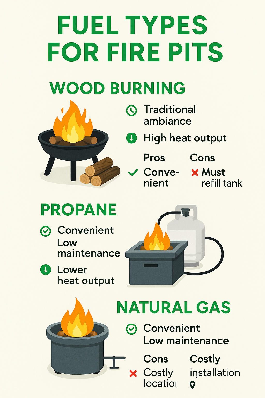 Different fuel types for fire pits showing wood burning, propane and natural gas options with pros and cons of each - fire pit built in infographic 