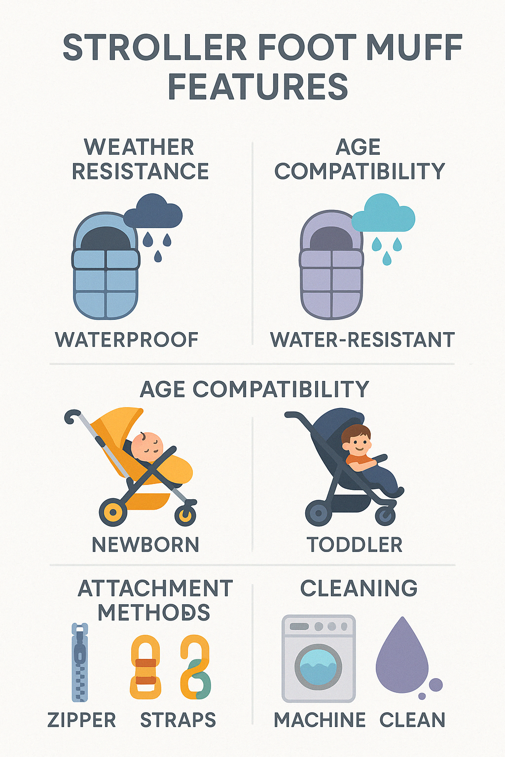Comparison of stroller foot muff features showing weather resistance, age compatibility, attachment methods, and cleaning instructions - stroller foot muff infographic 