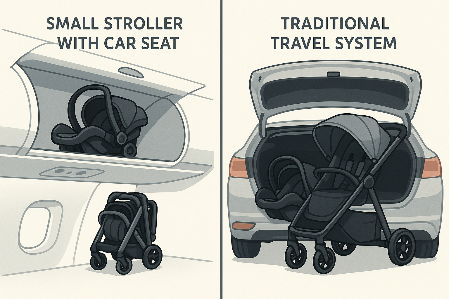 comparison of small vs traditional travel system - small stroller with car seat