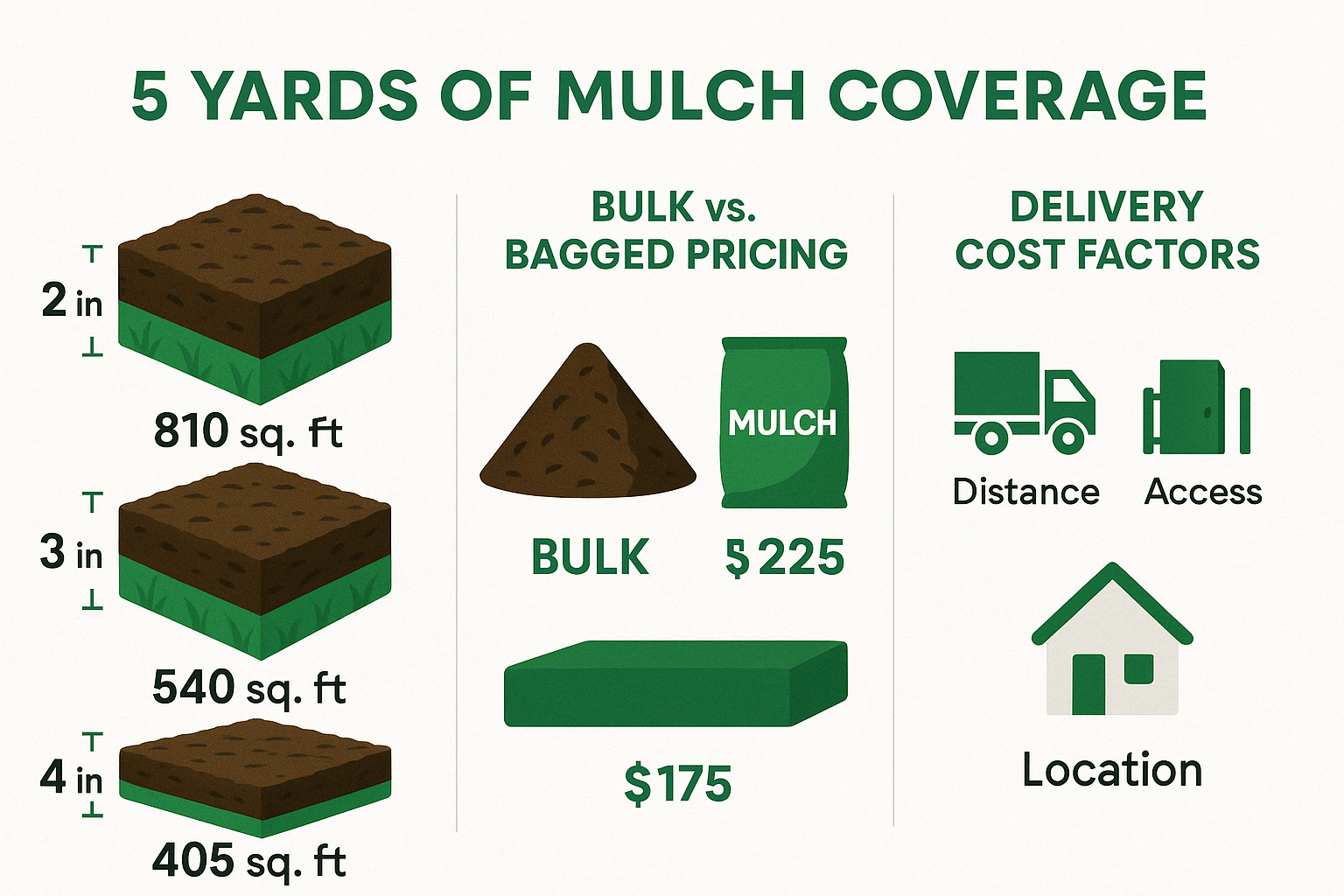 Infographic showing 5 yards of mulch coverage with visual representation of different depths (2", 3", 4"), square footage coverage at each depth, comparison of bulk vs. bagged pricing, and delivery cost factors - 5 yards of mulch cost infographic 