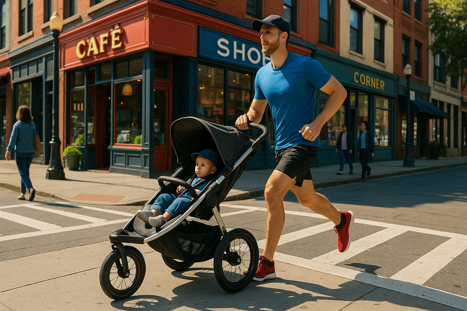 Jogging stroller being used in an urban setting with shops and sidewalks - jogging stroller vs regular stroller