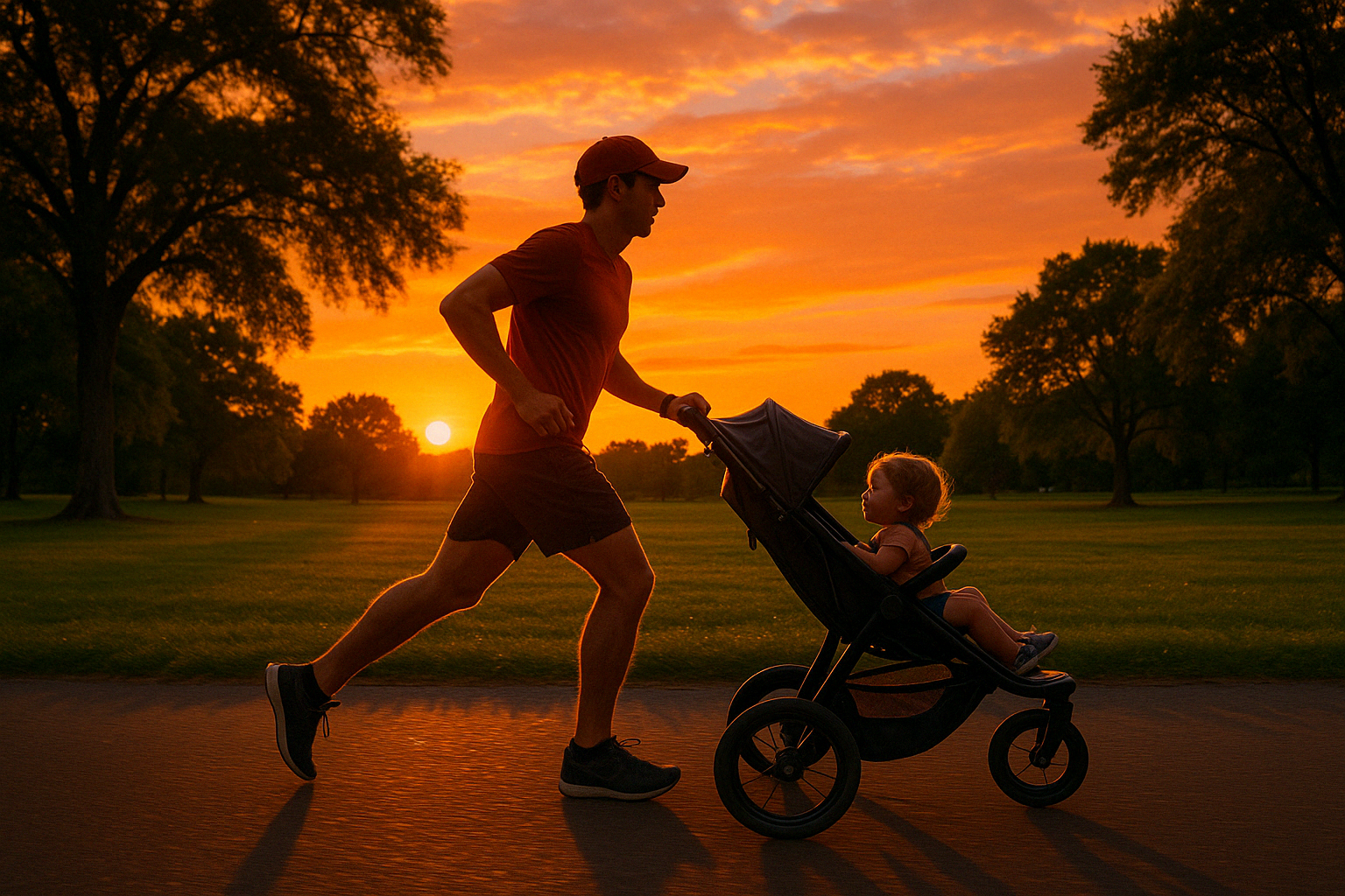 parent jogging with child in lightweight stroller at sunset - lightweight easy fold jogging stroller