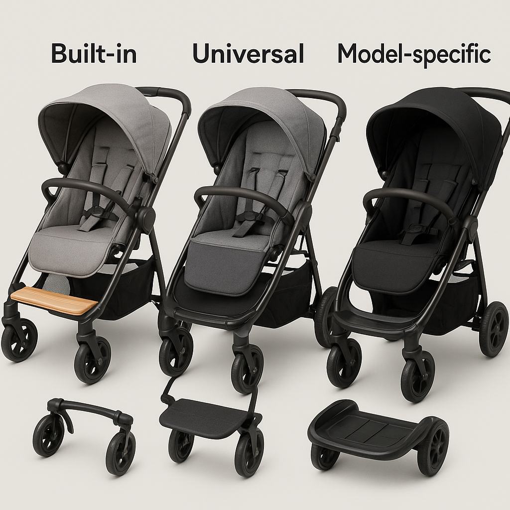 different types of stroller foot rests including built-in, universal, and model-specific designs - stroller foot rest