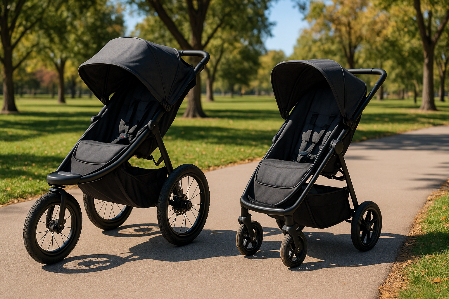 Side by side comparison of jogging and regular strollers showing different wheel configurations - jogging stroller vs regular stroller