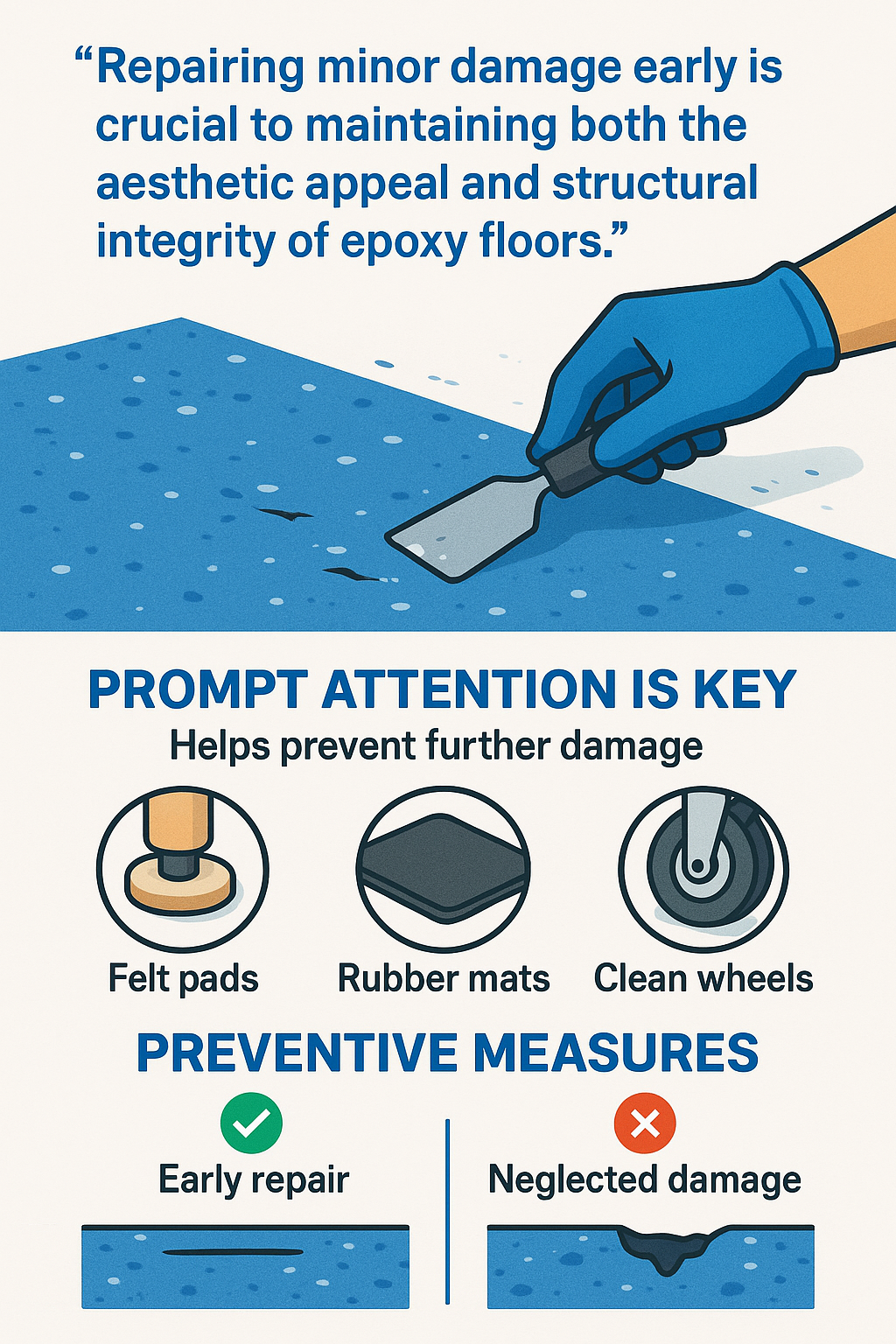 Quote: "Repairing minor damage early is crucial to maintaining both the aesthetic appeal and structural integrity of epoxy floors." - epoxy floor repair minor damage infographic 