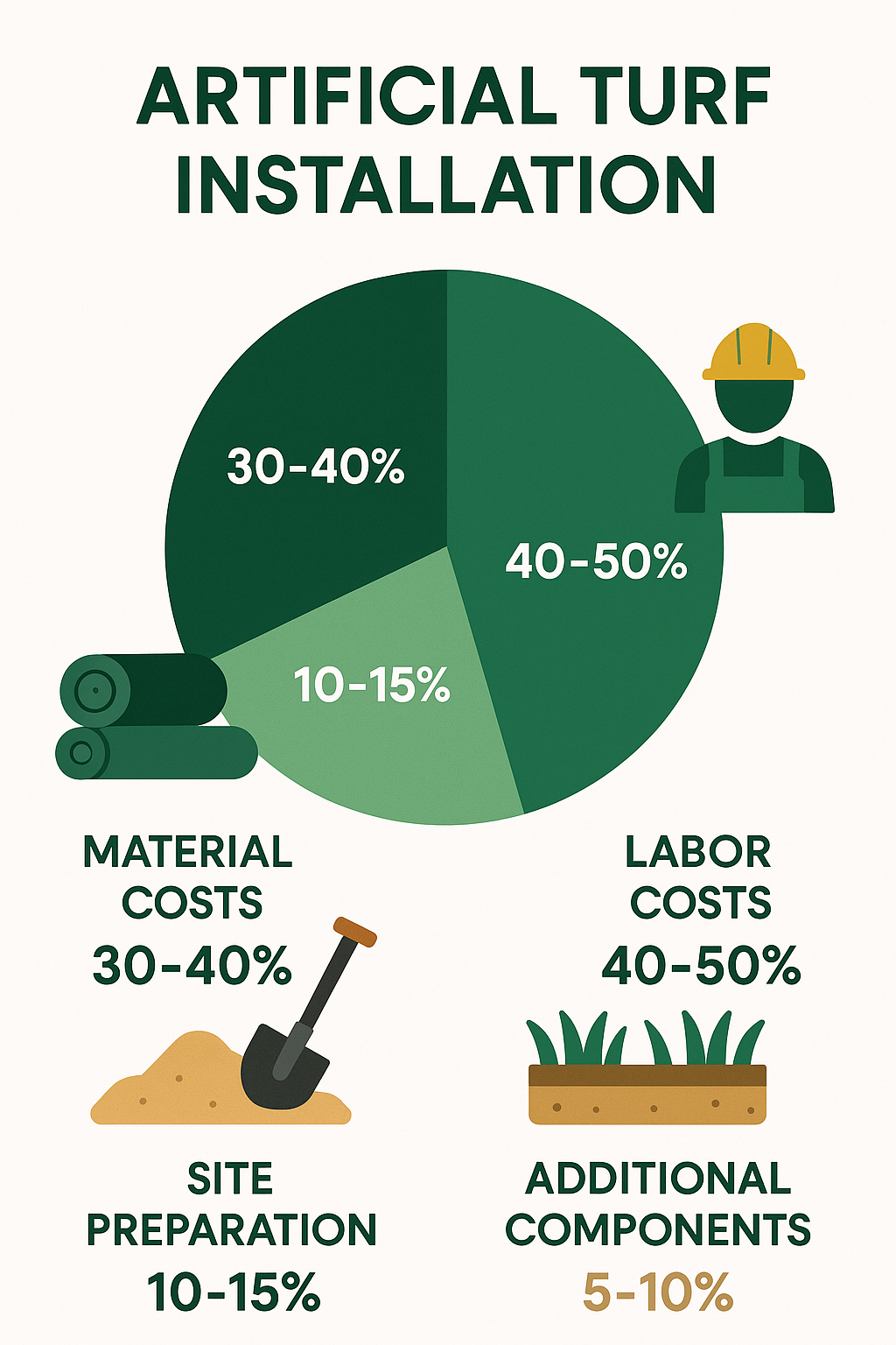 Artificial turf installation cost breakdown showing material costs (30-40%), labor costs (40-50%), site preparation (10-15%), and additional components like infill and edging (5-10%) - Turf installation cost infographic 