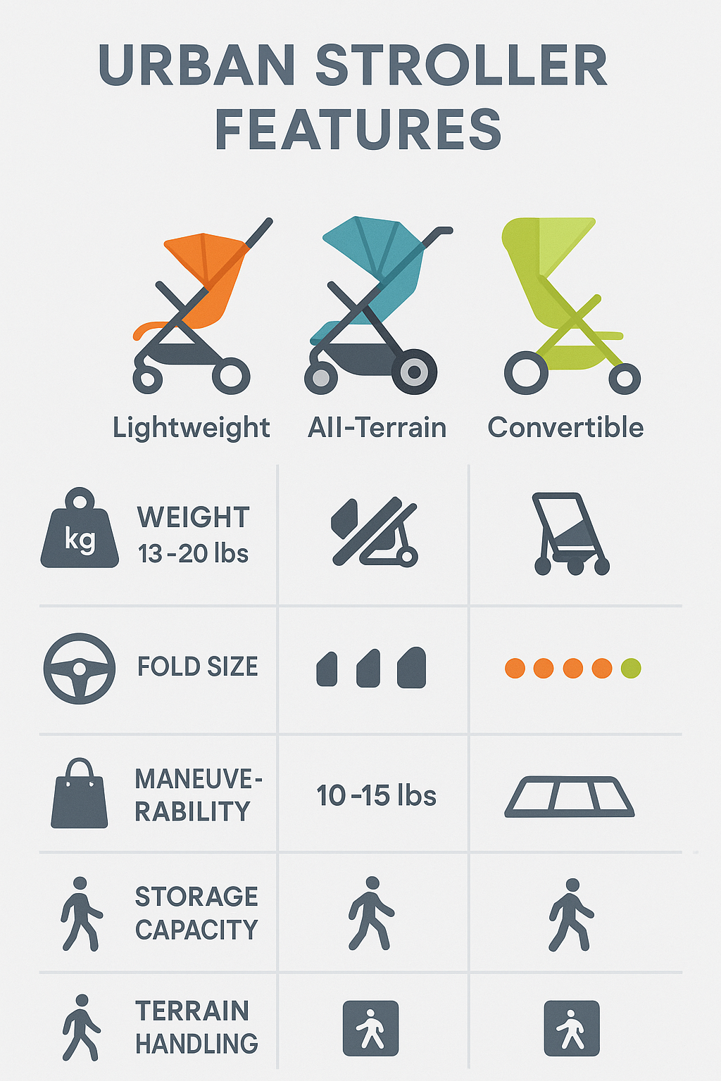 Comparison of key features for urban strollers including weight, fold size, maneuverability rating, storage capacity, and terrain handling across lightweight, all-terrain, and convertible stroller categories - stroller for city living infographic 