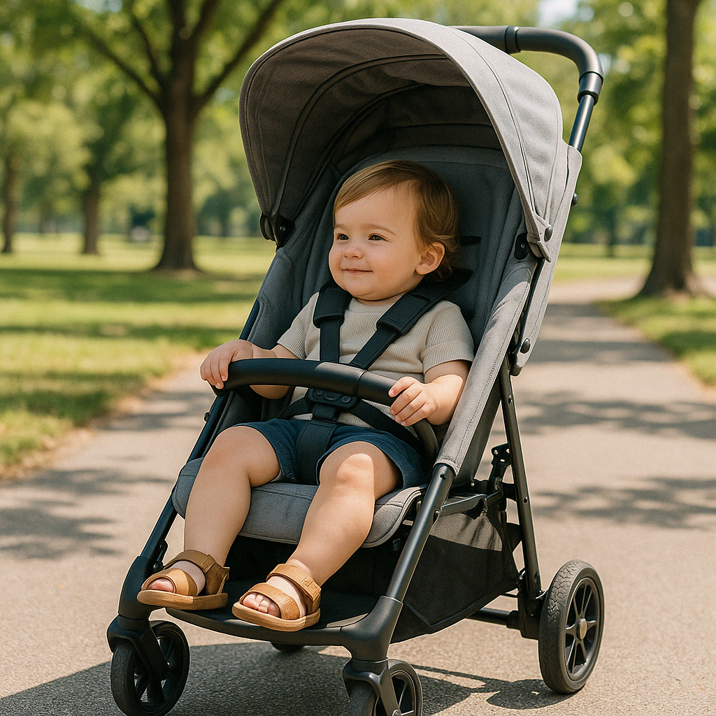 Toddler comfortably seated in lightweight stroller showing adequate space - stroller lightweight compact