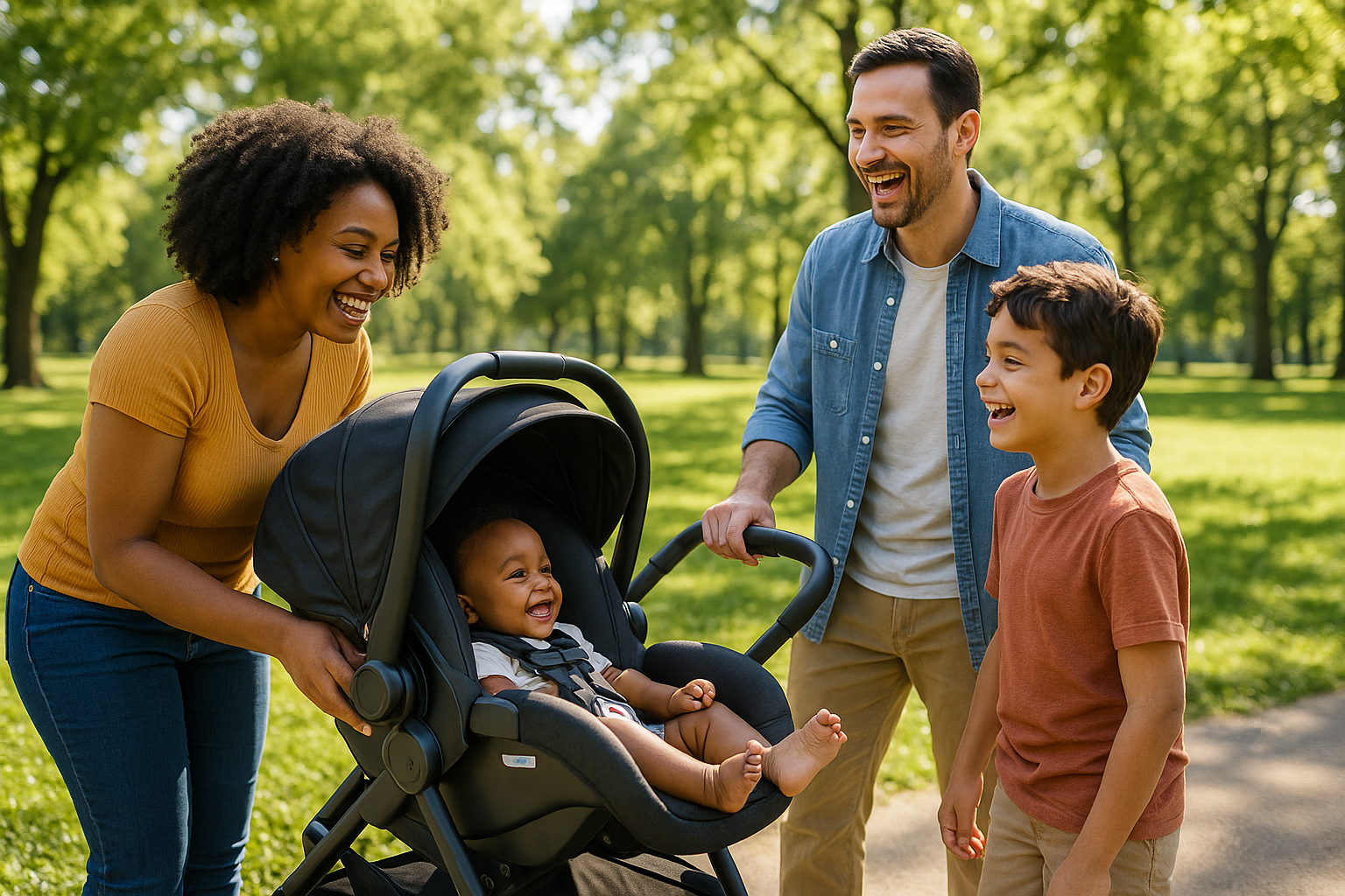 happy family using travel system stroller outdoors - travel system strollers on sale