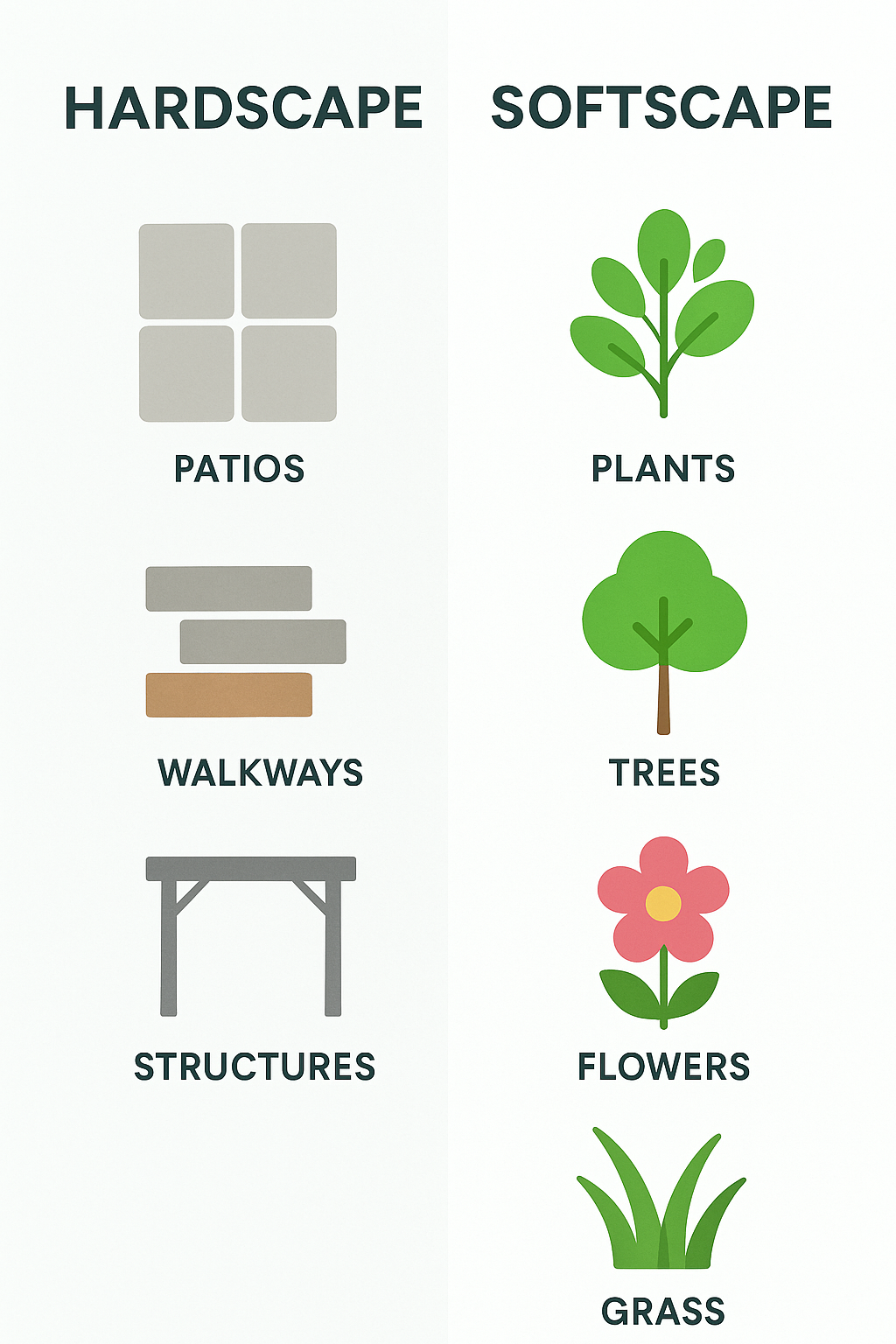 Comparison of hardscape vs softscape elements showing patios, walkways, walls, and structures as hardscape; and plants, trees, flowers, and grass as softscape elements - backyard hardscape design infographic 