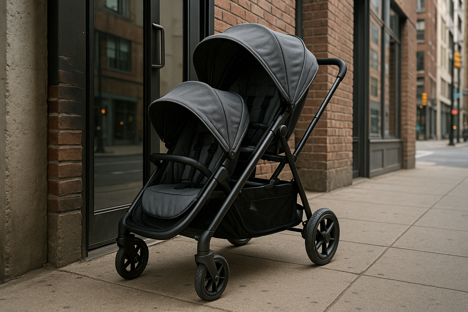 tandem pushchair navigating through narrow doorway - tandem twin pushchair