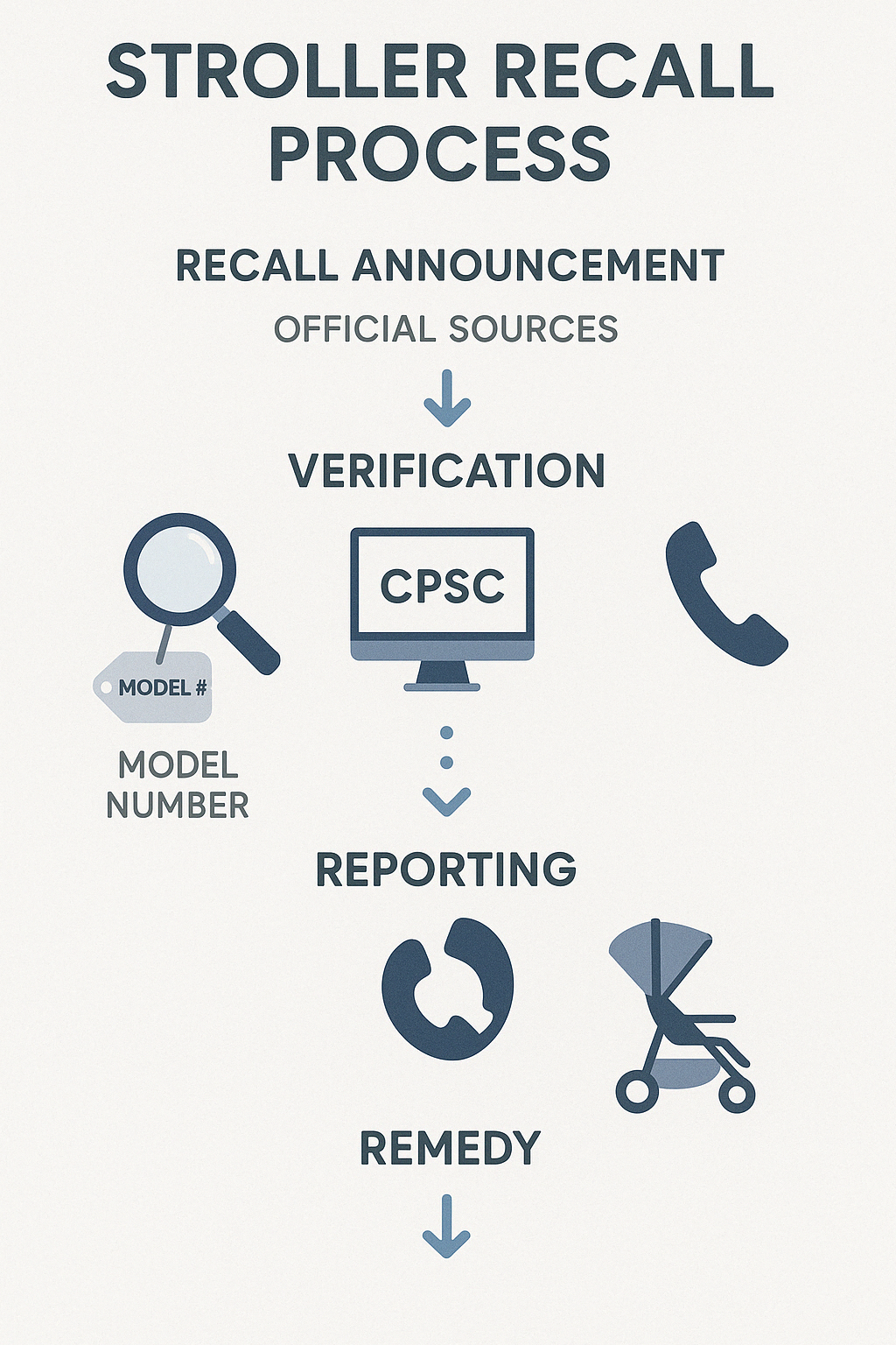 Flow chart showing the complete stroller recall process from announcement to remedy, including verification steps, reporting options, and manufacturer contact procedures - stroller recall information infographic 