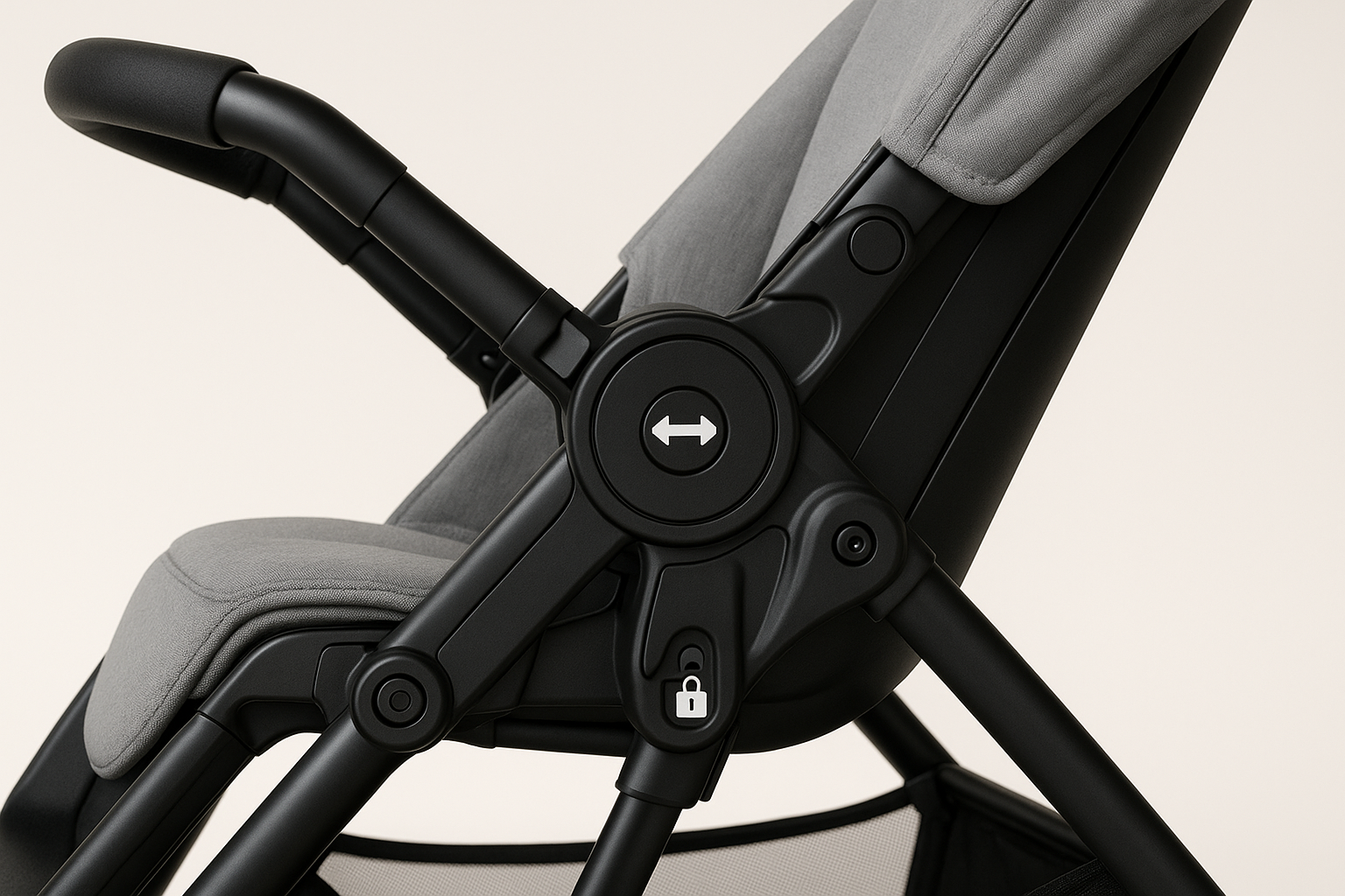 Reversible stroller highlighting convenient features including adjustable handlebar, storage basket, and one-hand fold mechanism