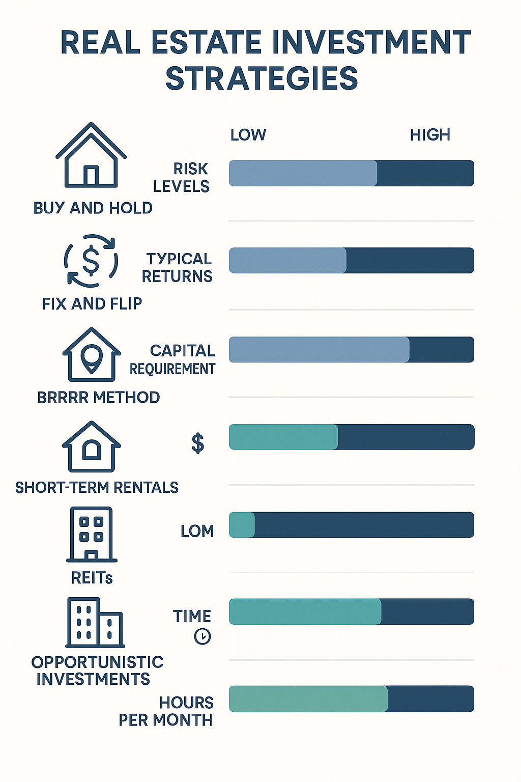 Comparison of real estate investment strategies showing risk levels, typical returns, capital requirements, and time commitment for different approaches including Buy and Hold, Fix and Flip, BRRRR Method, Short-Term Rentals, REITs, and Opportunistic Investments - real estate investment strategies infographic 