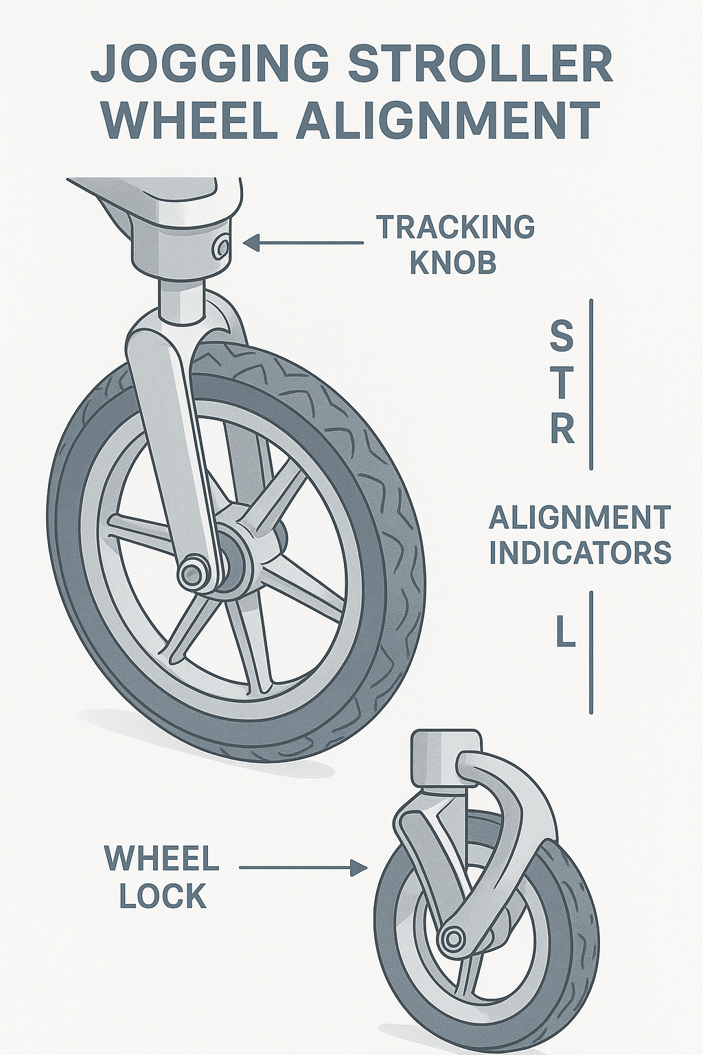 Jogging stroller wheel alignment components showing tracking knob and wheel lock mechanisms - jogging stroller wheel alignment infographic 