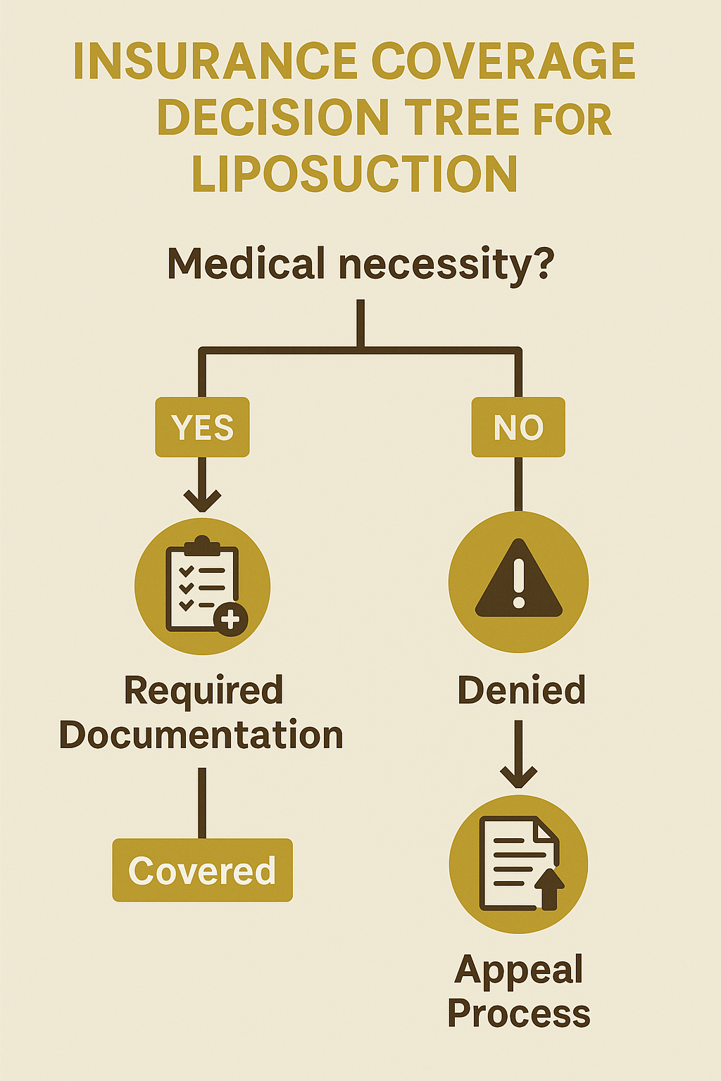 Insurance coverage decision tree for liposuction showing medical necessity criteria, required documentation, and appeal process - does insurance cover liposuction infographic