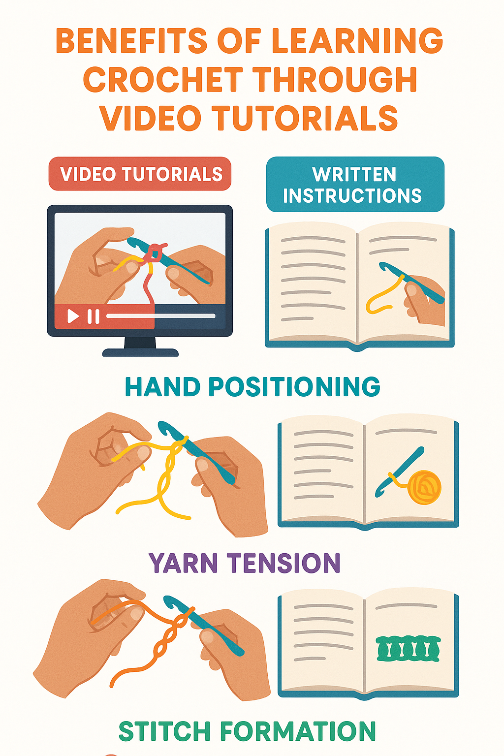 Benefits of learning crochet through video tutorials compared to written instructions, showing visual elements like hand positioning, yarn tension, and stitch formation that are easier to understand when demonstrated visually - crochet video tutorials infographic
