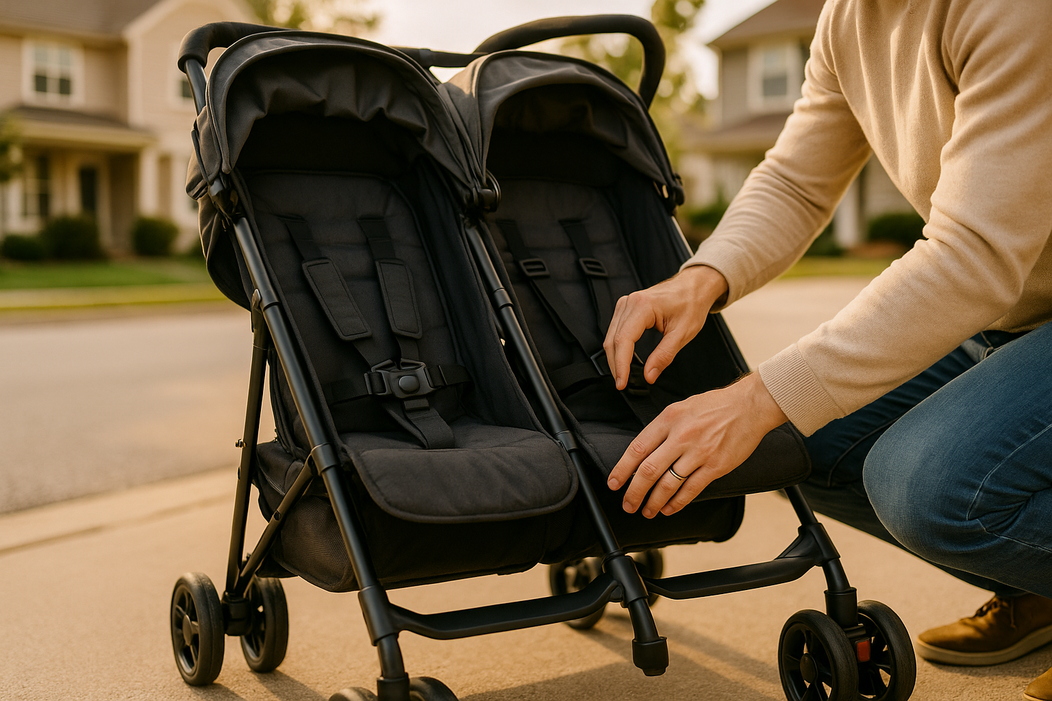 parent checking safety features on double stroller - compact travel double stroller