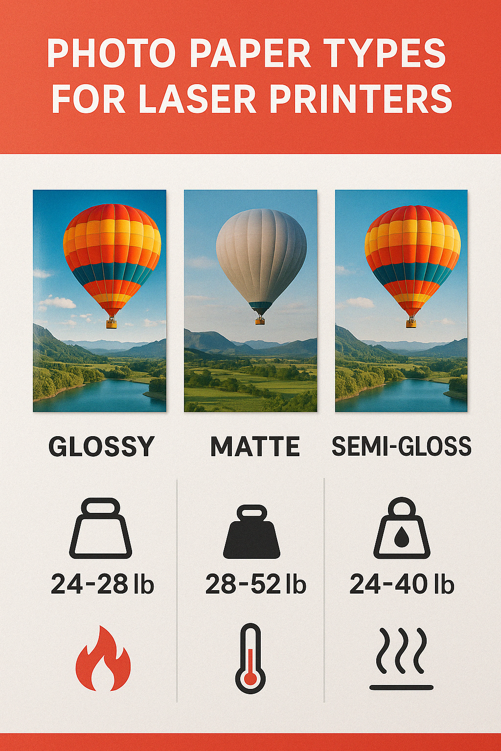 Comparison of photo paper types for laser printers showing the differences between glossy, matte and semi-gloss finishes, paper weights, and heat resistance ratings with a visual guide of printed photo samples on each type - best photo paper for laser printer infographic 