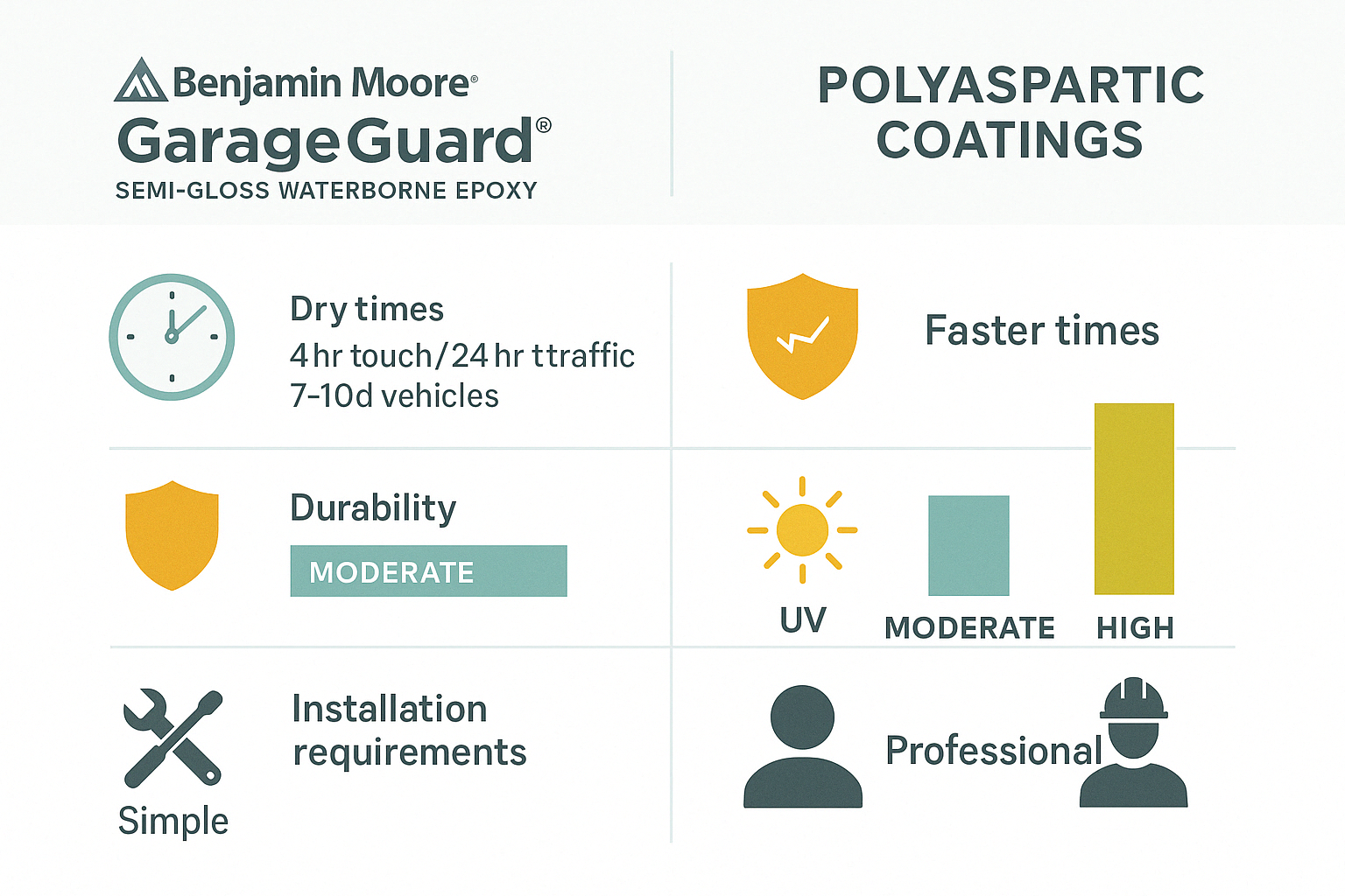 Comparison chart of traditional garage floor paint vs polyaspartic coatings showing dry times, durability, UV resistance, and installation requirements - garage floor coating infographic 