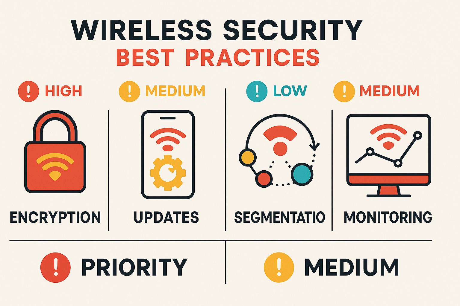 Summary of wireless security best practices including encryption, updates, segmentation, and monitoring with implementation priority levels - wireless network security assessment infographic 
