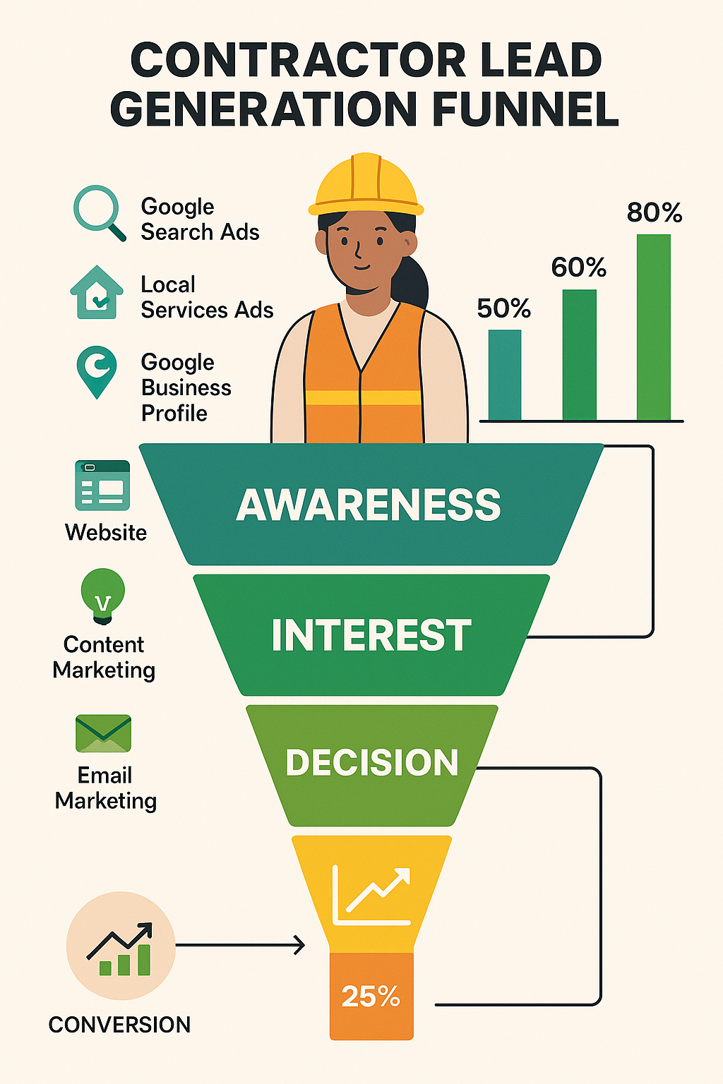 Contractor lead generation funnel showing customer journey from awareness through multiple channels to conversion with ROI metrics for each source - contractor lead generation infographic 
