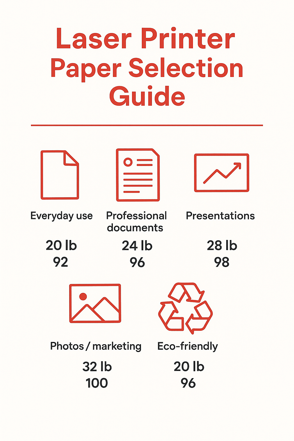 Laser printer paper selection guide showing paper weights (20-32 lb), brightness levels (92-100), and compatibility factors for different laser printer models - best printing paper for laser printer infographic 