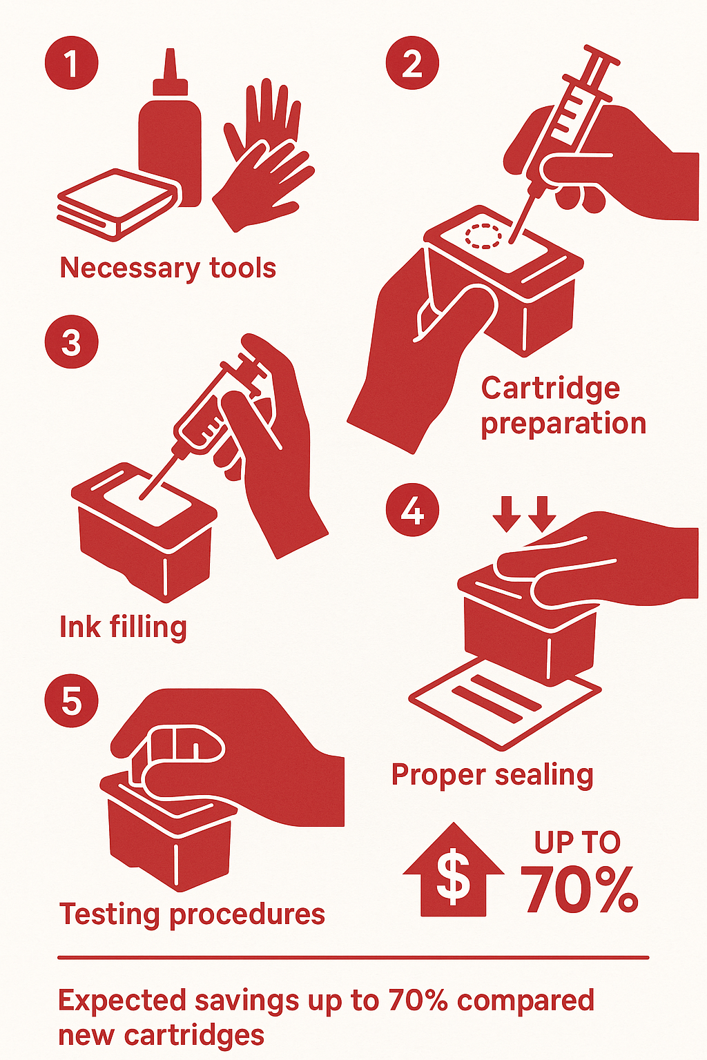 Step-by-step process for refilling printer cartridges showing necessary tools (refill kit, gloves, paper towels), cartridge preparation, ink filling technique with syringe, proper sealing, and testing procedures with expected savings of up to 70% compared to new cartridges - printer cartridge refill infographic 